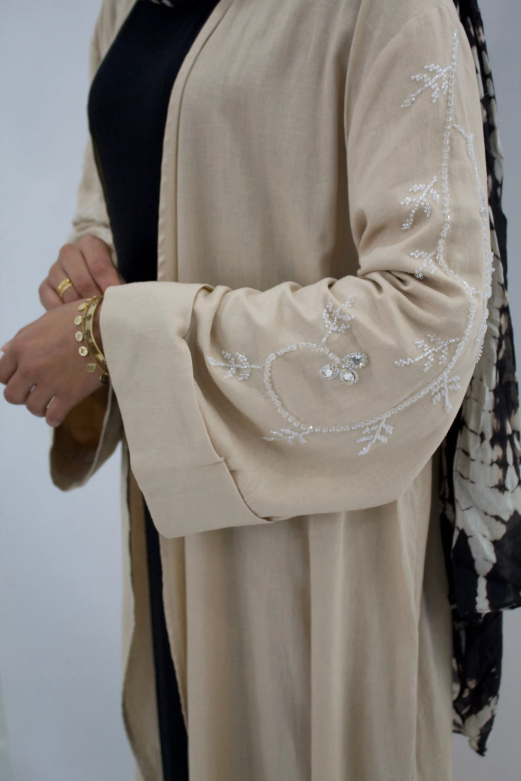 Latte Biege Open Abaya Beaded Sleeve Detail