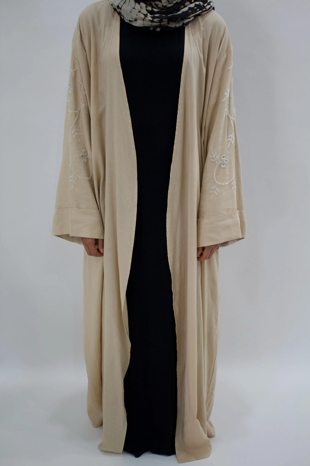 Beige Open Abaya Linen